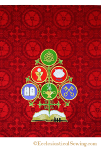 luther rose silk red brocade catechism design communion chalice Holy Trinity baptism Scripture Bible embroidery pattern