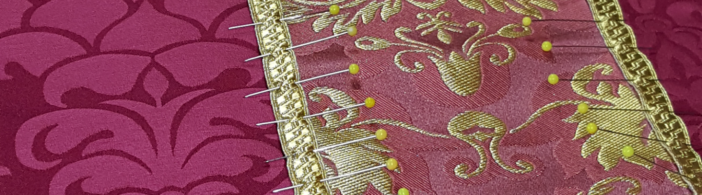 How to Sew; Vestment trim, Rsoe chasuble; Silk damask; Liturgical Fabric; Church vestment making; Vestment Trim;
