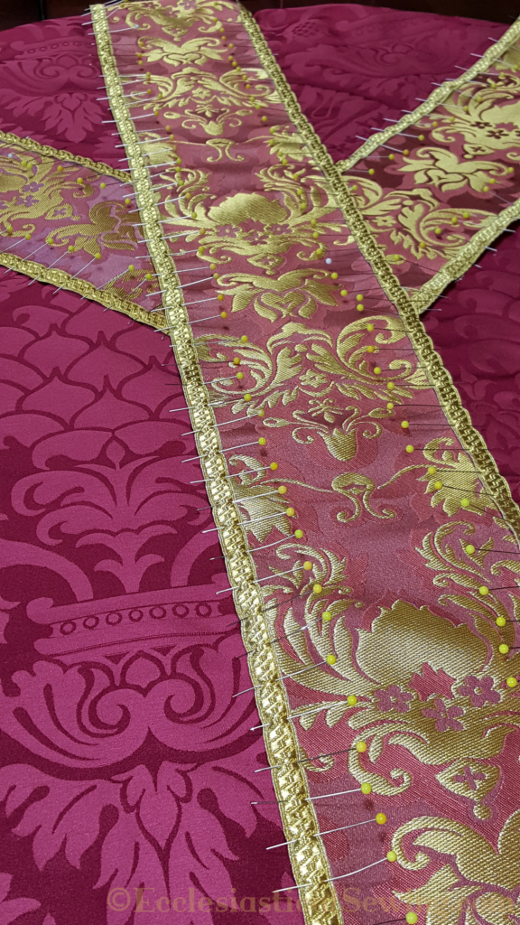 How to Sew; Vestment trim, Rsoe chasuble; Silk damask; Liturgical Fabric; Church vestment making; Vestment Trim;