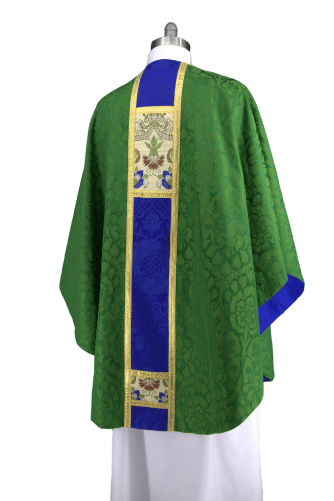 Green Chasuble with Blue orphrey and tapestry accents