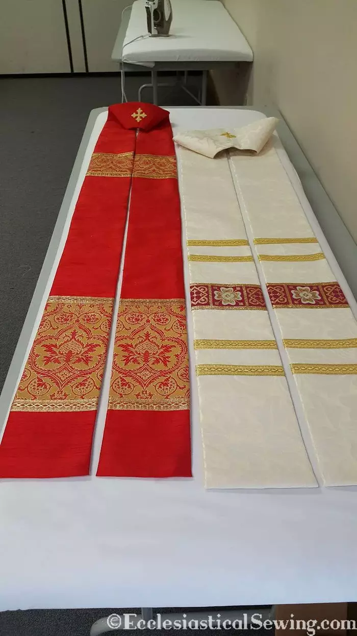 pastor stole liturgical garment vestment red silk brocade cream pattern floral gold trim