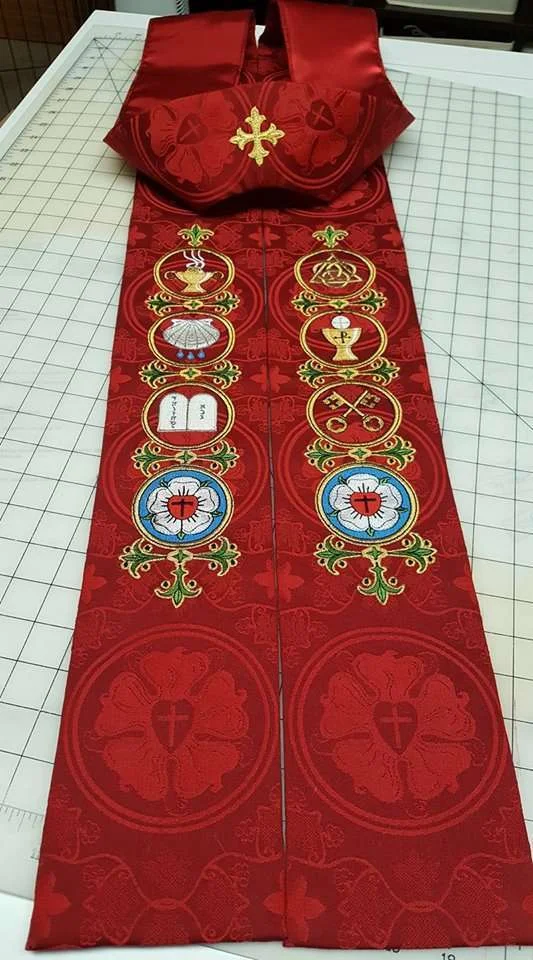 Lutheran Catechesis Stole with Red Luther Rose Brocade