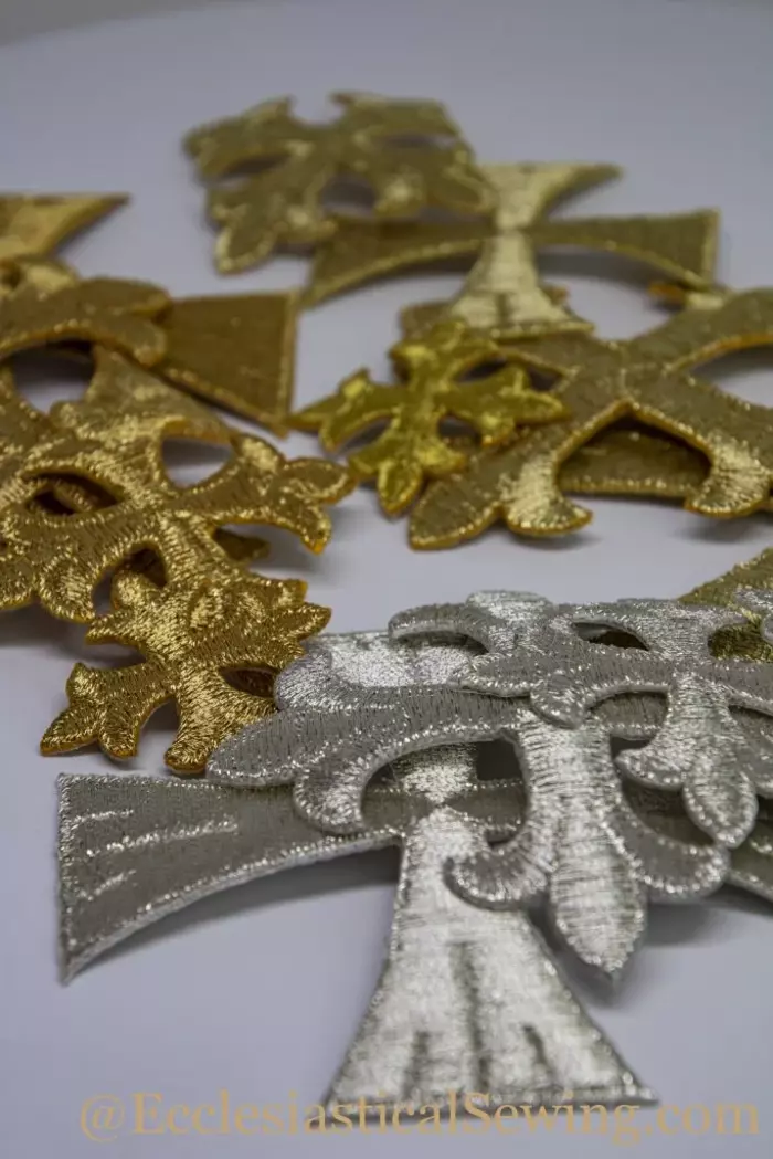 Small Iron on metallic gold and silver cross appliques for use in making church vestments