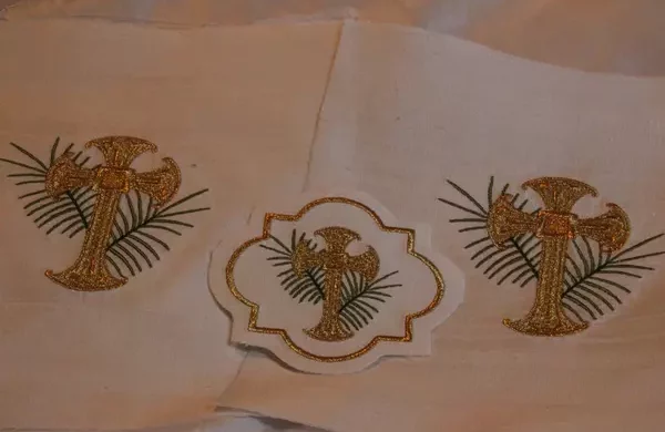 Ecclesiastical Machine Embroidery Palm and Cross Design on Silk Dupioni
