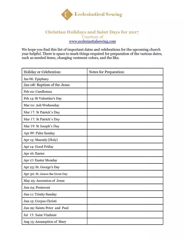 Christian Holidays for 2017 page 1 by Ecclesiastical Sewing