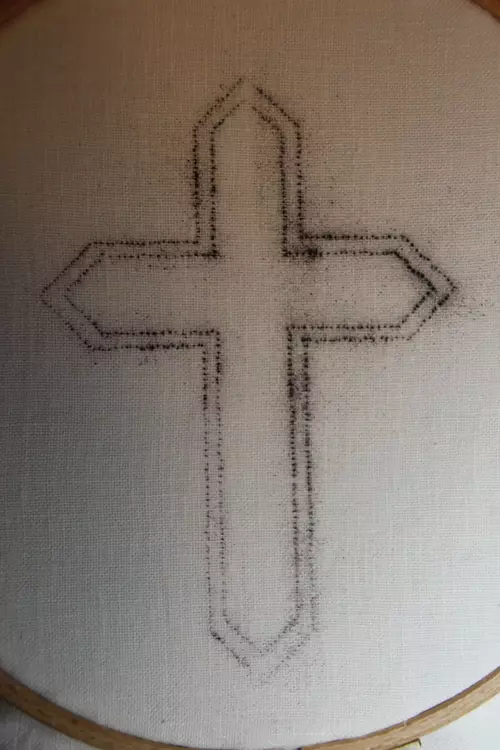 Passion Cross Embroidery Design after Prick and pounce waiting for lines to be drawn