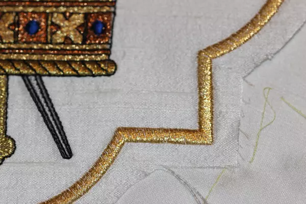 Preparing Ecclesiastical Machine Embroidered Motif for applying to silk, Quatrefoil Ecclesiastical Design