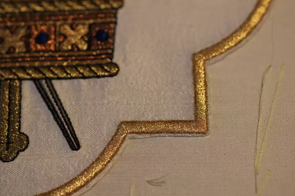 Machine Embroidery motif stitched in place, Quatrefoil Ecclesiastical Design