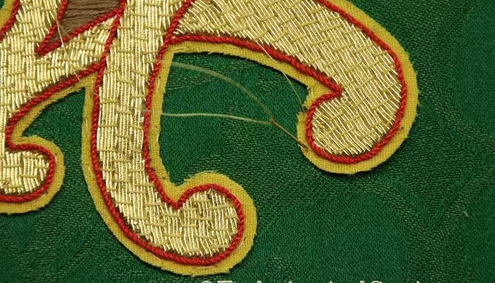 Alpha Omega Goldwork applique green silk brocade gold metallic embroidery how to sew for beginners tips and tricks design pattern