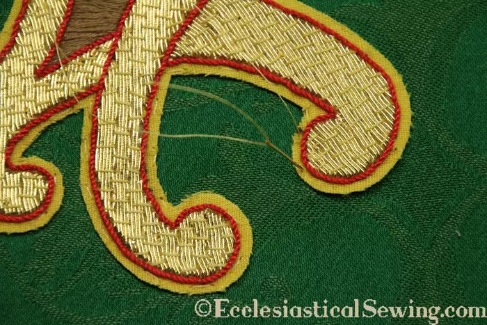 Alpha Omega Goldwork applique green silk brocade gold metallic embroidery how to sew for beginners tips and tricks design pattern EGA Traveling Exhibit