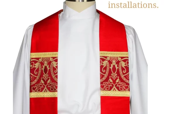 Red Liturgical brocade fabric red clergy stoles pastor stoles clergy stoles deacon stoles church vestments Latin mass vestments Pentecost priest stoles silk dupioni stoles Liturgical brocade fabric installing a new pastor or priest installation of clergy Christian catholic Lutheran Pentecost gift closeup detail shot