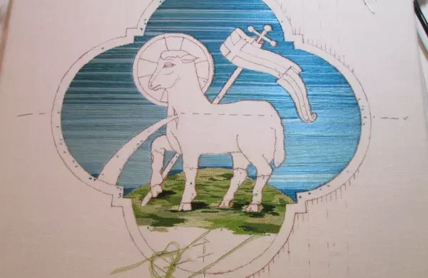 Complete Blue Sky Background on Small Agnus Dei Embroidery Project, The Tale of Two Lambs