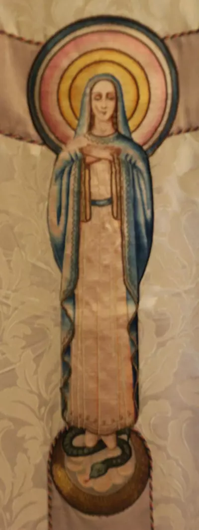 Embroidered figure on Chasuble Orphrey, Vestment Photos from Summer Travels