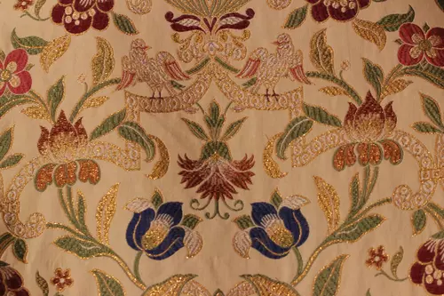 Verona Tapestry Bird Motif, Rose Vestments and IHS Design