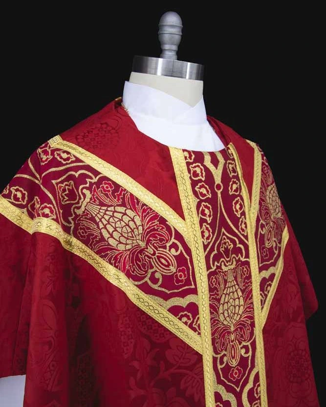 Red Luther Rose Brocade Dove and VDMA Pentecost Chasuble - Dice Braid Trim With Red and Gold Wakefield Orphreys