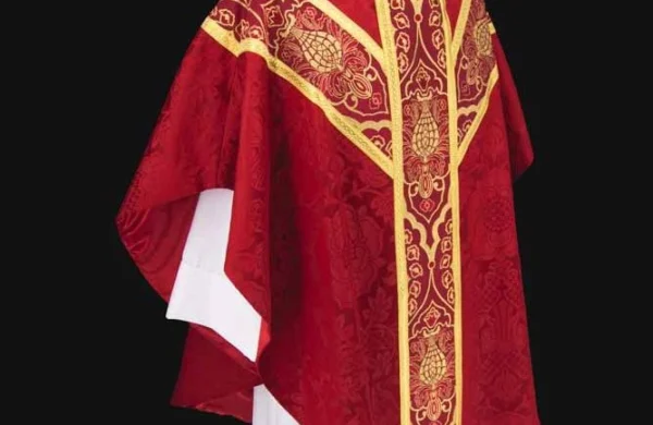 Red Luther Rose Brocade Dove and VDMA Pentecost Chasuble - Dice Braid Trim With Red and Gold Wakefield Orphreys