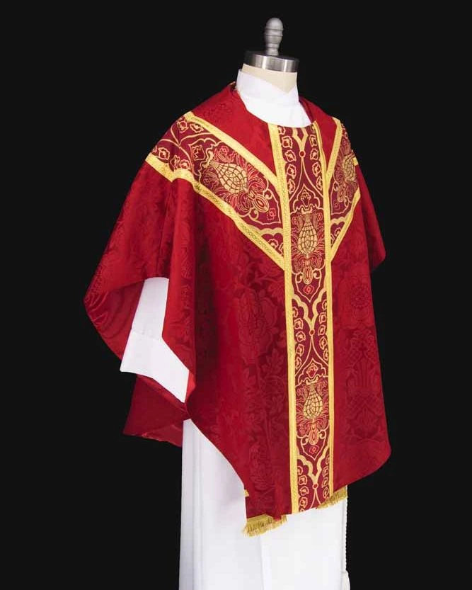 Red Luther Rose Brocade Dove and VDMA Pentecost Chasuble - Dice Braid Trim With Red and Gold Wakefield Orphreys