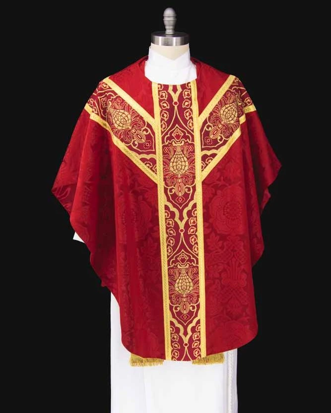 Red Luther Rose Brocade Dove and VDMA Pentecost Chasuble - Dice Braid Trim With Red and Gold Wakefield Orphreys