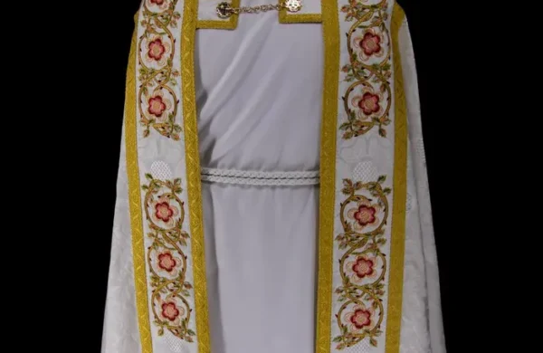 Priest Cope Vestment with Red Aragon Liturgical Tapestry orphrey bands and hood.