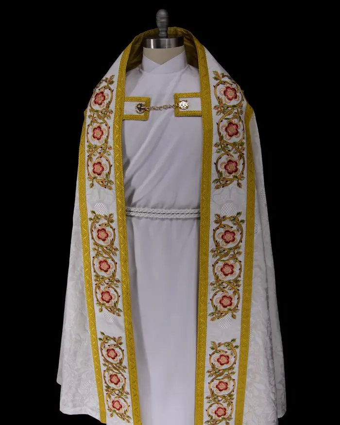 Priest Cope Vestment with Red Aragon Liturgical Tapestry orphrey bands and hood.