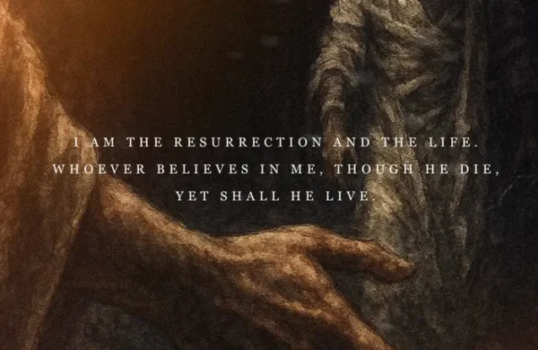 Jesus reaching toward Lazarus as he rises from the tomb, with the words: “I am the resurrection and the life.”