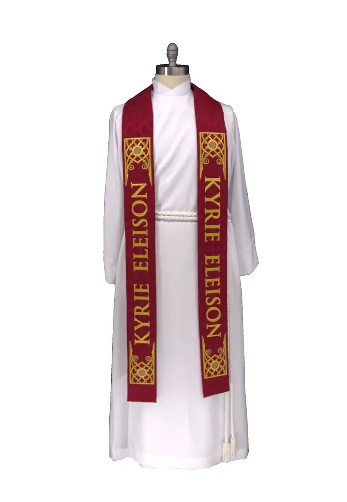 Description Kyrie Eleison Scarlet or Violet Stole for Lent Holy Week A scarlet stole with the beautiful lattice border frames the cry for mercy - Kyrie Eleison. Created in deep scarlet, this stole works well for Holy Week as well as for feasts of the Martyrs. The stole is 53" long. Colors: Scarlet Violet Black Trim: Tassels No Tassels Tassel color may vary based on availability. Note: Please allow 3 to 8 weeks for order lead time as each stole is handmade one at a time. Please contact us by email if you have questions about the order lead time or for any custom requests. If the stole is needed sooner for any reason, please email us to ensure that the stole can be completed and shipped in time. Express shipping options are also available. Contact us for other fabric options Custom chasuble, burse, & veils available, please contact us. Please check out some of our collections here. Customers who purchased stoles also purchased Stole Hangers. Size: Adult unisex 53" length Stole. Visit our YouTube channel to watch the short videos of Violet Kyrie Eleison Stole and Kyrie Eleison Black Stole. Who else do you know that might like our company? Send them a FREE $10 just for checking us out! Give them the code ”REFERRAL10” for $10 off their first order! If you haven't used the code yet, it will work on your first order as well! Just make sure to pass it along to your favorite priest, pastor, or seamstress! Kyrie Eleison Scarlet or Violet Stole | Lent or Holy Week Martyr Priest Stoles
