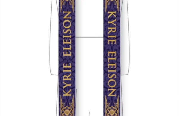 Description Kyrie Eleison Scarlet or Violet Stole for Lent Holy Week A scarlet stole with the beautiful lattice border frames the cry for mercy - Kyrie Eleison. Created in deep scarlet, this stole works well for Holy Week as well as for feasts of the Martyrs. The stole is 53" long. Colors: Scarlet Violet Black Trim: Tassels No Tassels Tassel color may vary based on availability. Note: Please allow 3 to 8 weeks for order lead time as each stole is handmade one at a time. Please contact us by email if you have questions about the order lead time or for any custom requests. If the stole is needed sooner for any reason, please email us to ensure that the stole can be completed and shipped in time. Express shipping options are also available. Contact us for other fabric options Custom chasuble, burse, & veils available, please contact us. Please check out some of our collections here. Customers who purchased stoles also purchased Stole Hangers. Size: Adult unisex 53" length Stole. Visit our YouTube channel to watch the short videos of Violet Kyrie Eleison Stole and Kyrie Eleison Black Stole. Who else do you know that might like our company? Send them a FREE $10 just for checking us out! Give them the code ”REFERRAL10” for $10 off their first order! If you haven't used the code yet, it will work on your first order as well! Just make sure to pass it along to your favorite priest, pastor, or seamstress! Kyrie Eleison Scarlet or Violet Stole | Lent or Holy Week Martyr Priest Stoles